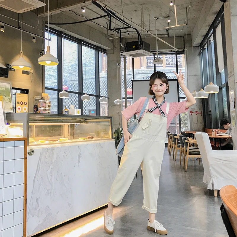 Комбинезоны для женщин с буквенным принтом фиолетовый Harajuku простой в Корейском стиле студенческие женские Комбинезоны свободные Kawaii повседневные до середины икры шик