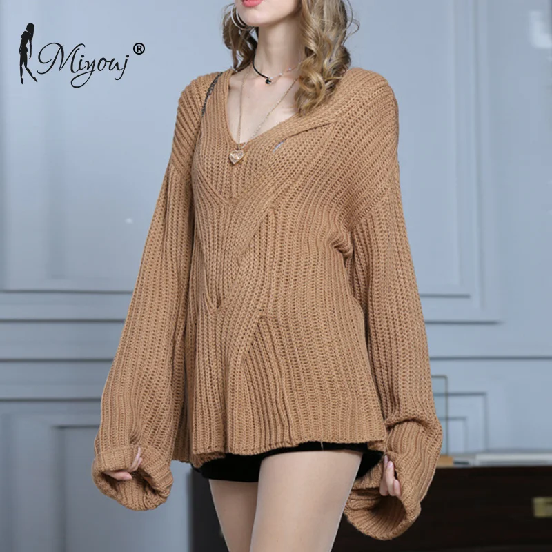 Свитер с рукавами-фонариками пуловер рюшами v-образный вырез вязаная женская