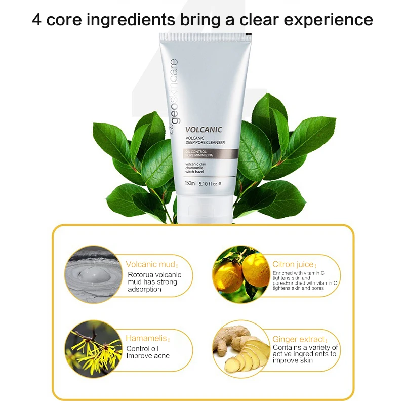Geoskincare Face Cleanser Facial Cleansing Volcanic Rock Mud Pore 150ml Acne Oil Control Blackhead Remover Shrink Pores | Красота и