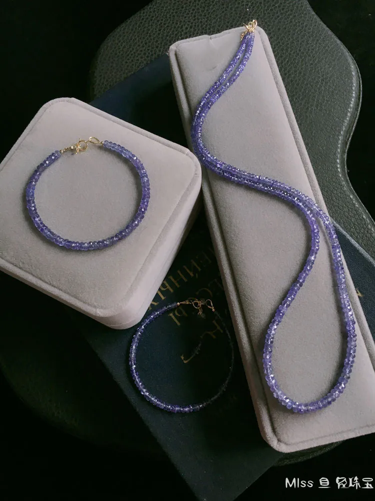 Женский комплект из ожерелья и браслета с голубым танзанитом 3 мм 14 к | Украшения