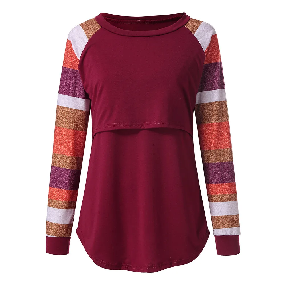 Блузка для беременных женская кормления в полоску с длинным рукавом и круглым