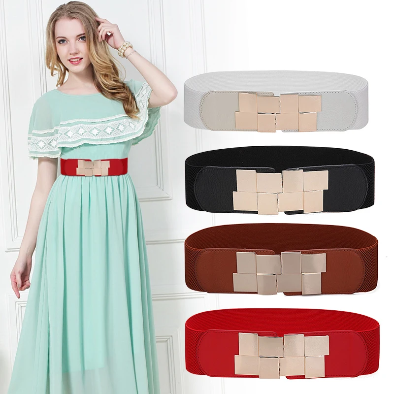 

HIgh Quality Female Wide Belt Waistband Multicolor Square Buckle Dress Decorative Belt Women's Slim Elastic Belt