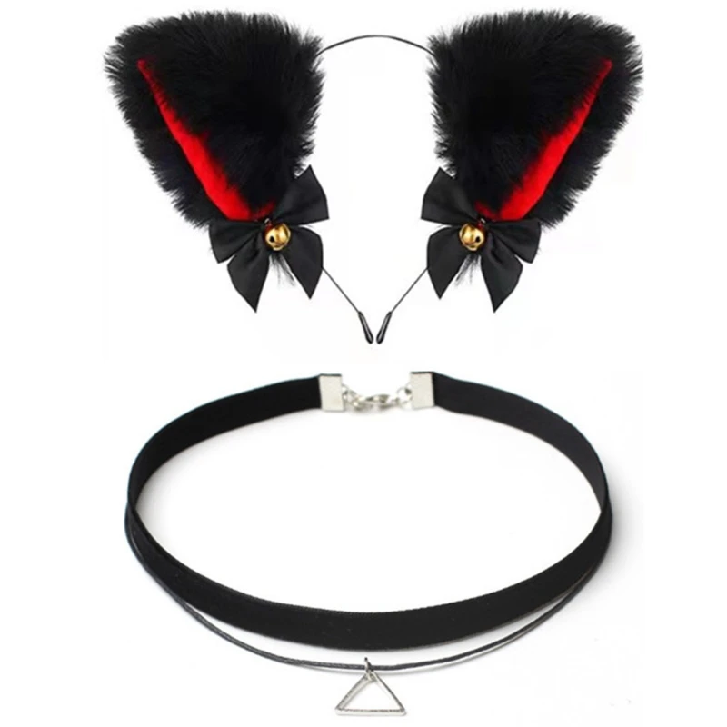 

Girls Cute Cartoon Headband Furry Lovely Ears with Bells Necklace Headwear Choker Collar Set for Halloween Party DXAA