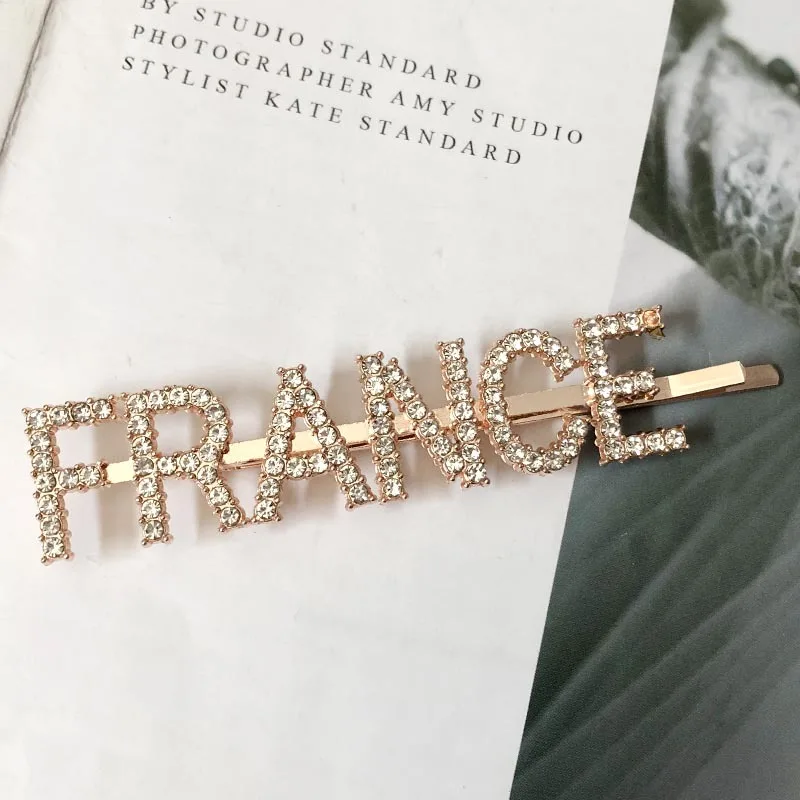 FRANCE Rose Gold 1 шт., заколки для волос с кристаллами и буквами, стразы, заколки для волос, заколки для волос, инструменты для укладки волос, аксессуары, ювелирный подарок - Цвет: FRANCE Rose Gold