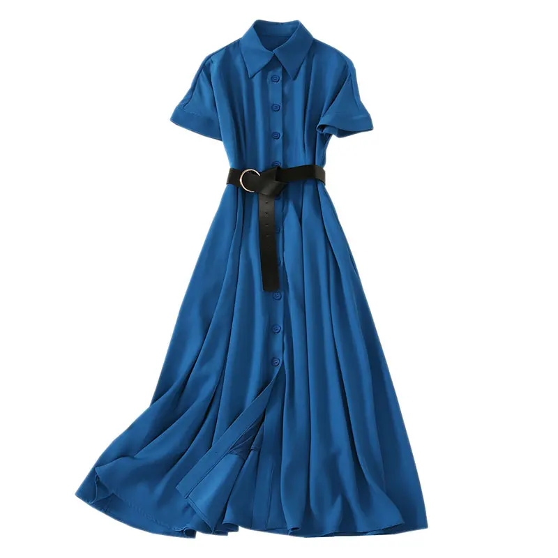 

Solid Color Turn-Down Collar Short Sleeved Buckled Belt Single Breasted Buttons Closure Midi Dress