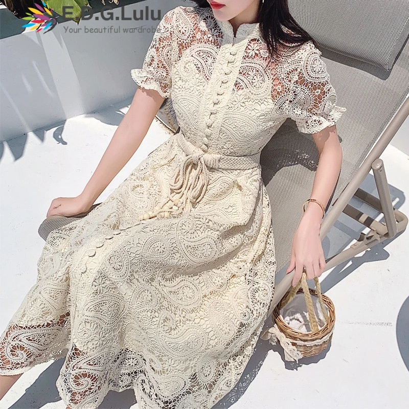 EDGLuLu 2020 весна женское элегантное ажурное кружевное платье высокого качества