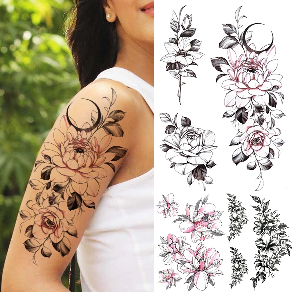

Realistic Peony Flower Temporary Tattoos For Women Adults Lily Rose Lotus Tattoo Sticker Fake Black Transferable Tatoos Decal
