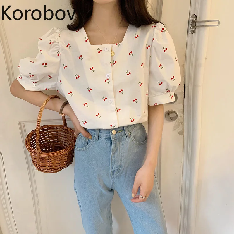 

Korobov Retro Square Collar Open Collarbone Blouse Women Spring Pullover Print Puff Short Sleeve Blusas Slim Wild Shirt
