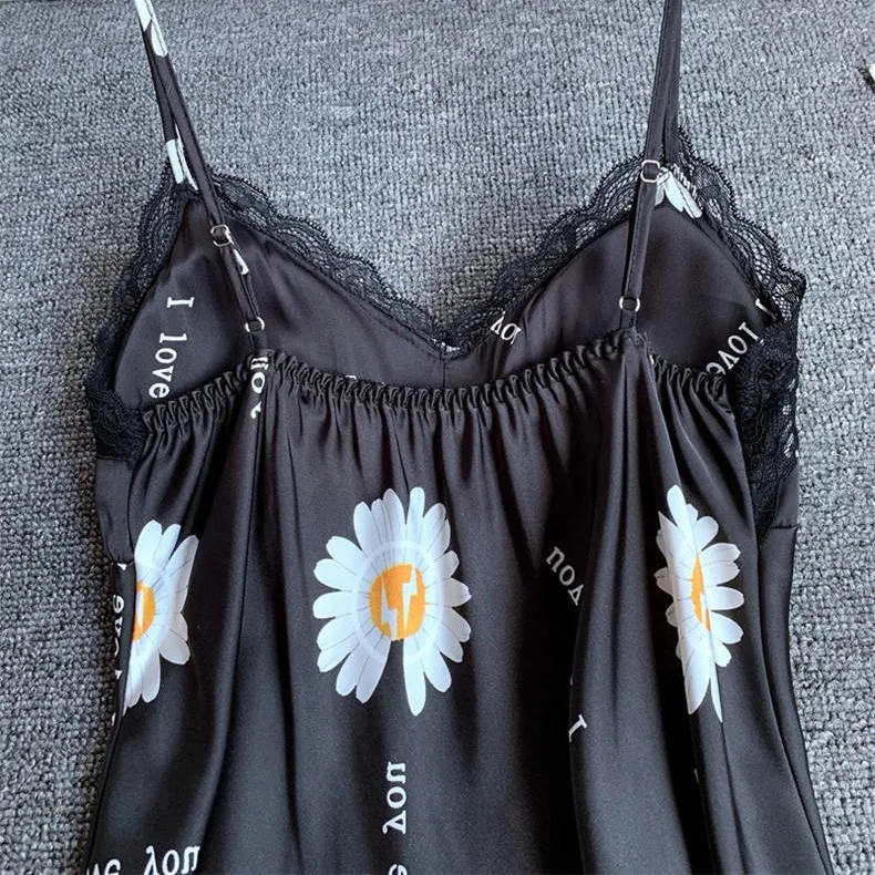 

Women Black Satin Sleepwear Print 2PCS Strap Top&Shorts Intimate Lingerie Pajamas Silky Nightwear Sleep Set Casual Home Clothes