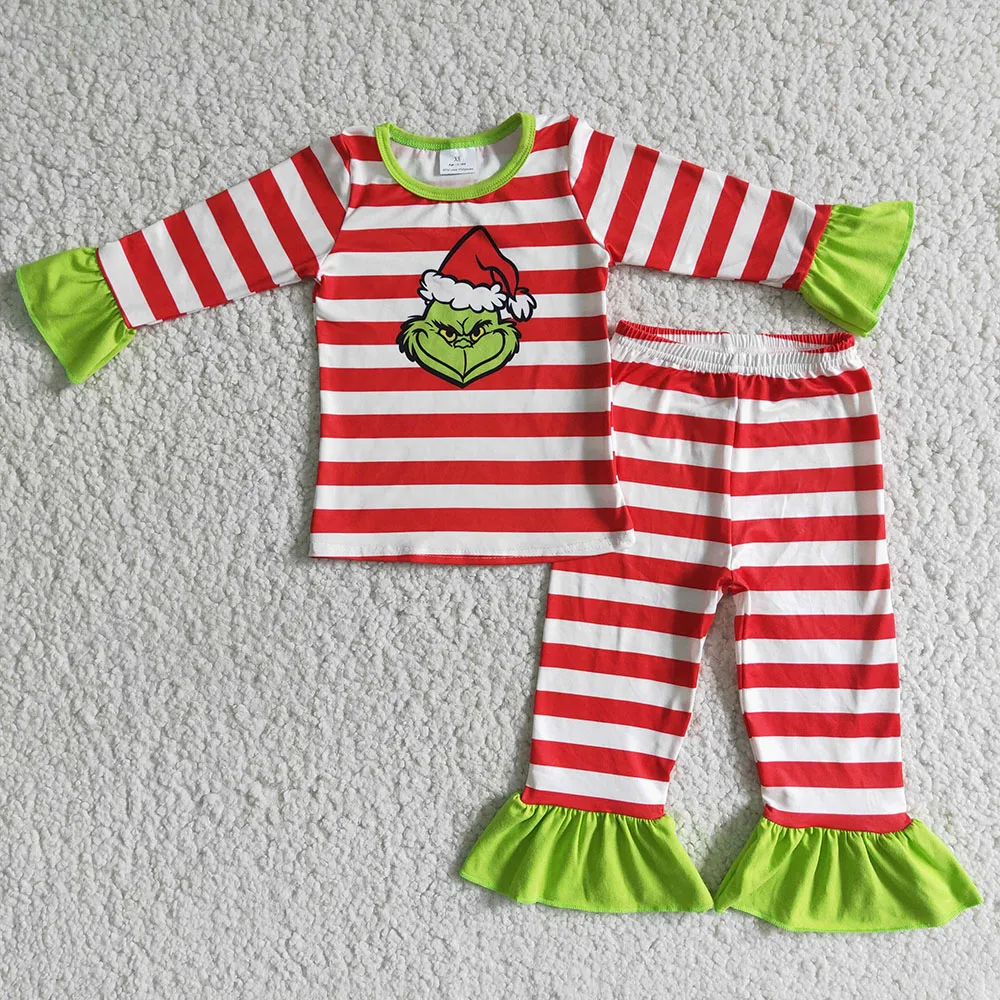 

Пижама с рюшами для маленьких девочек, комплект из топа и брюк в красную полоску, с мультяшным рисунком, праздничная зеленая одежда, комплекты одежды