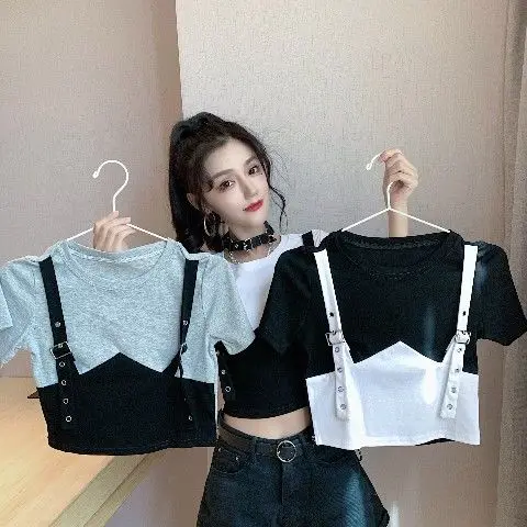 

High Waist Short Top Women Summer New Fake Two-piece Design Niche Tight-fitting T-shirt Ins Style European and American Trend