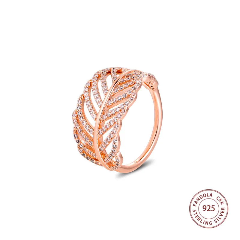 

100% 925 Sterling Silver Rose Color Light As A Feather Rings for Women Fashion Statement Jewelry Wedding Ring Party Bague