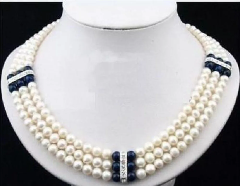 

3 ROW new 7-8mm natural Akoya white black Pearl Necklace 17'-19'' 14k yellow
