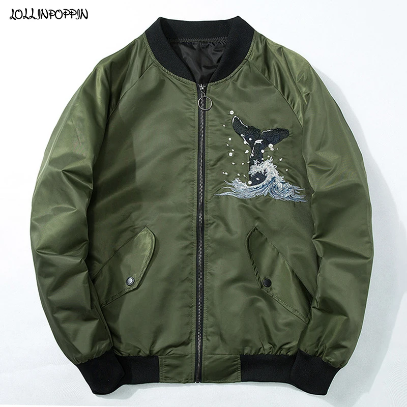 

Мужская куртка-бомбер в японском стиле с вышивкой Кита, весна-осень 2020, бейсбольная куртка с воротником-стойкой, мужская куртка-пилот