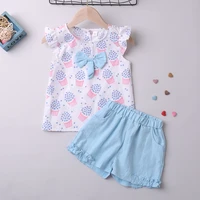 summer girls clothes set new cute sleeveless cartoon t shirt bow top shorts toddler baby kids clothing 2 piece
