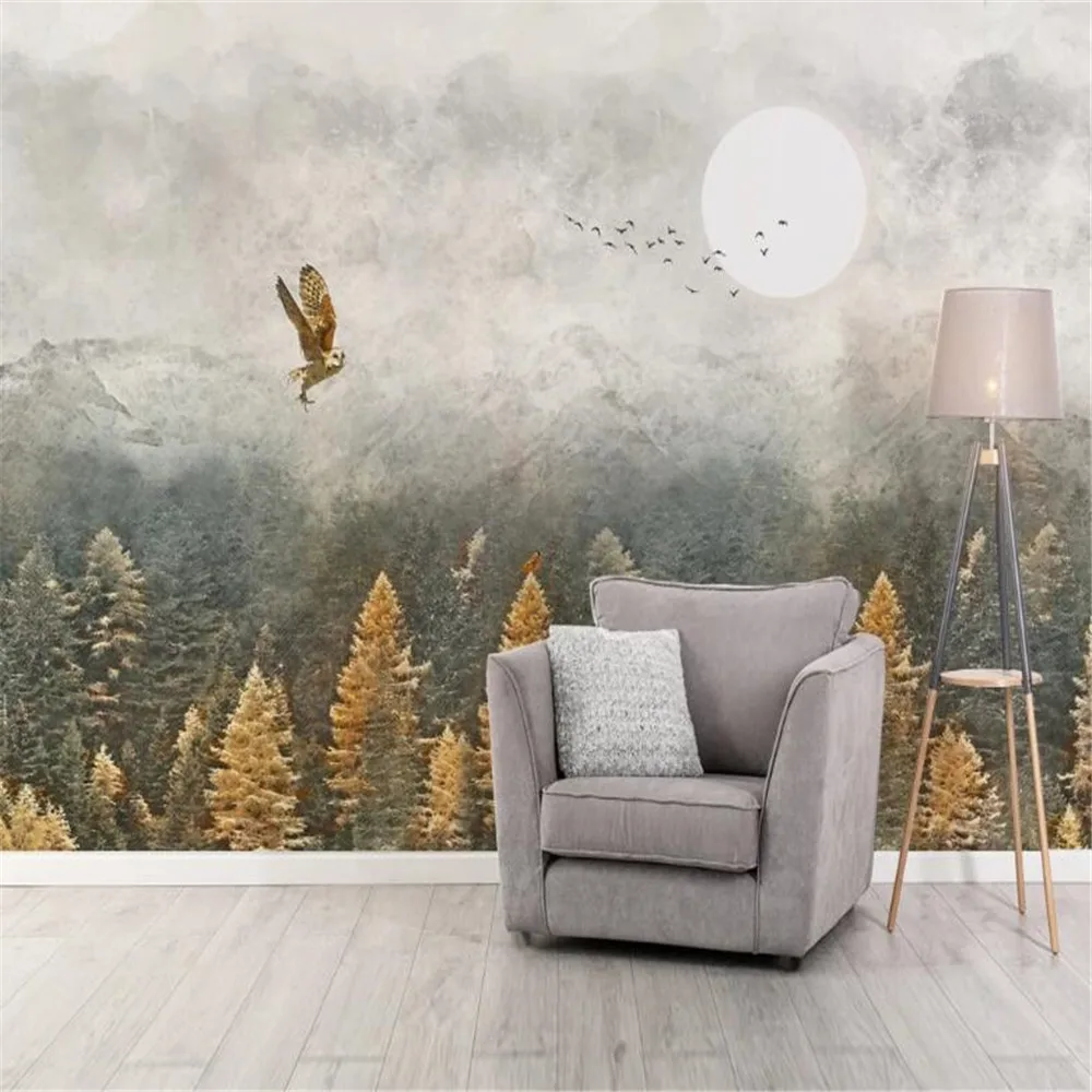 Milofi custom mural wallpaper wall covering Nordic nostalgic hand-painted foggy forest distant mountain bird background wall