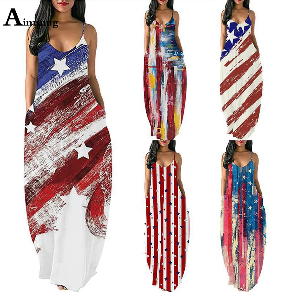 

2021 Spaghetti Strap Women Dresses Casual Summer Beach Dresses Fashion American Flag Print Dress Cover-up Robe Femme Clothes