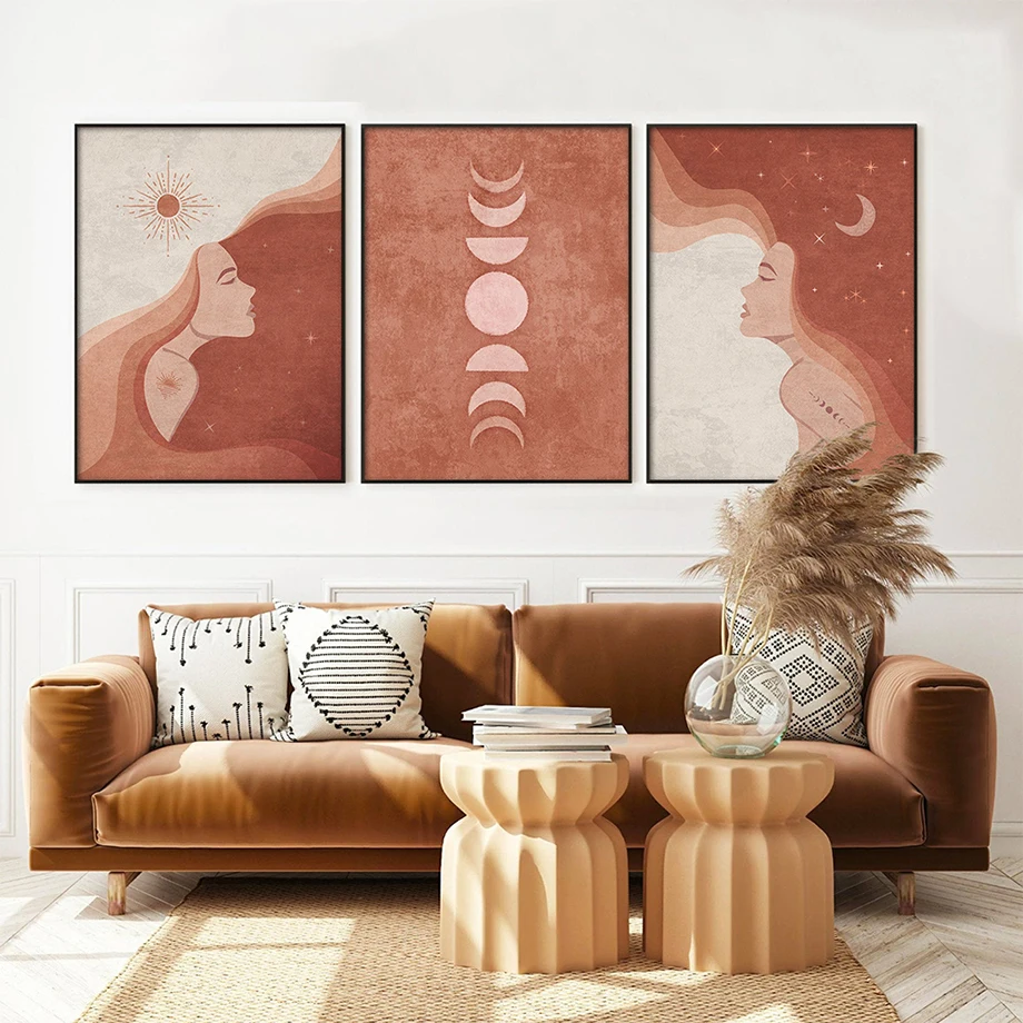 Абстрактная схема фаз Луны в стиле бохо постеры удачи солнце женщина будущее