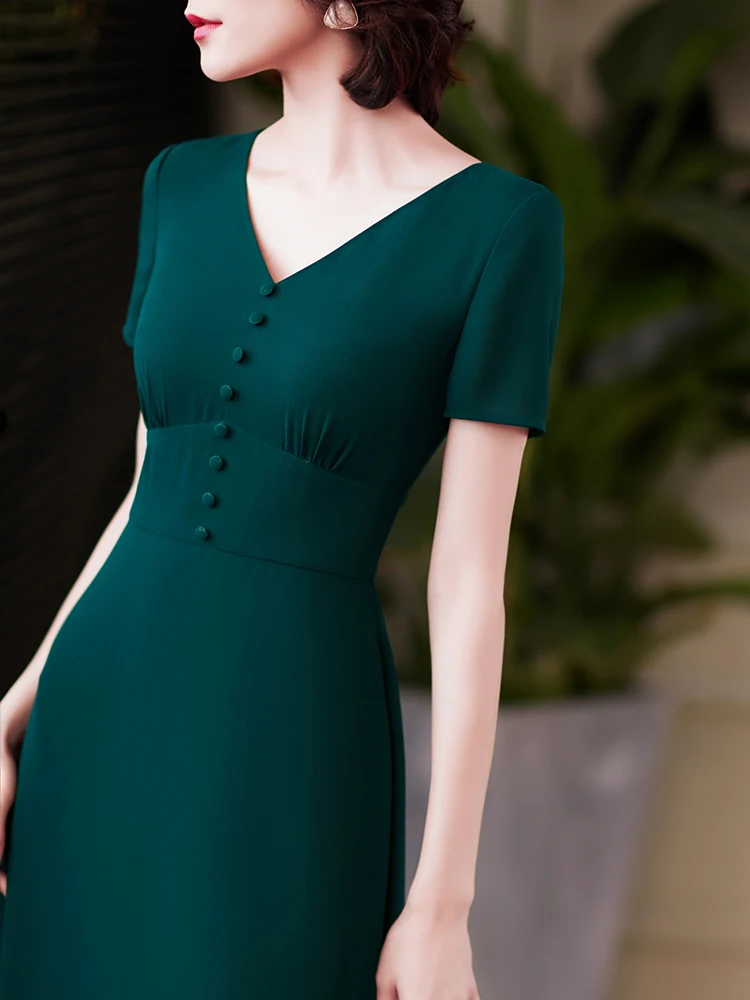 Женское офисное платье-миди с V-образным вырезом | Женская одежда