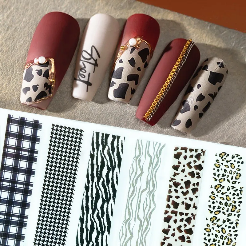 

1 Sheet Houndstooth Nail Art 3D Stickers Leopard Decals for Nails Zebra Manicure Grid Winter Design DIY Accessories