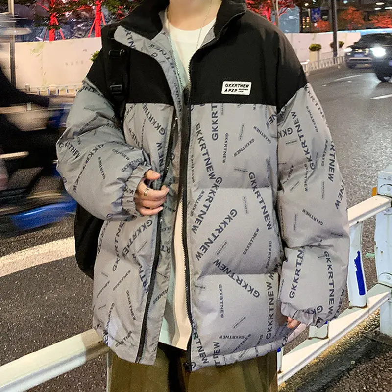 Trendy Fashion Loose Simple Solid Color Stitching Printing Down Jacket for Autumn and Winter New Letter Padded Jacket Warm Top