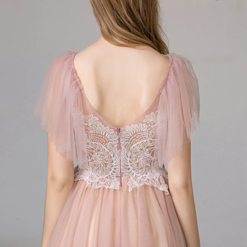 

Flare Sleeve Lace Wedding Bridesmaid Calf Length Pleated Swing Women Prom Appliques Tulle Evening Cocktail Party Gown