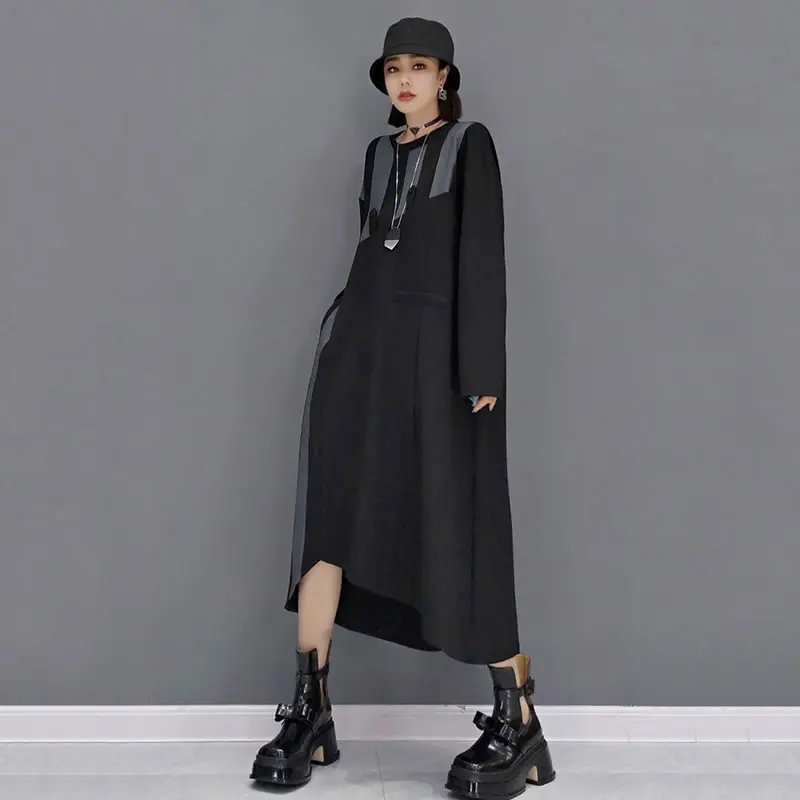 

XITAO Irregular Dress Fashion New Women Plus Size Goddess Fan Pleated Patchwork 2021 Autumn Minority Loose Dress Top WMD2657