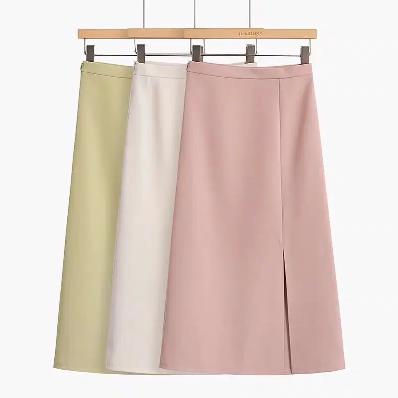 High-waisted a-word skirt Women's 2021 summer fork-hanging bag hip skirt in the long pink long skirt  Straight  COTTON