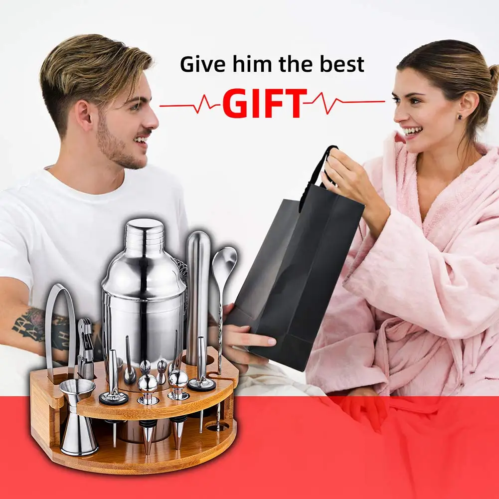 

12 Pcs Cocktail Shaker Set Jigger Mixing Spoon Tong Barware Bartender Tools W/wood Storage Stand Bars Mixed Drinks