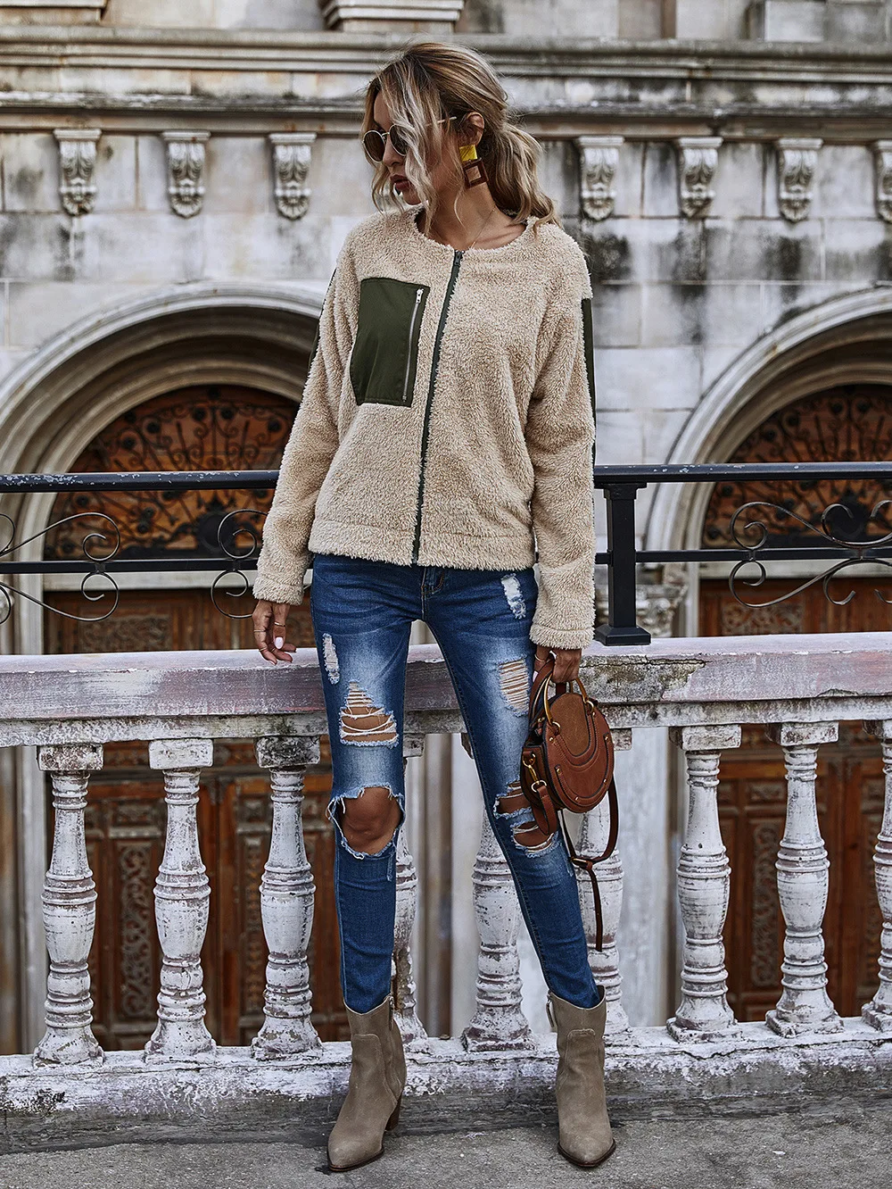 Абрикосового цвета на молнии со шнуровкой меху карман толстовка с круглым