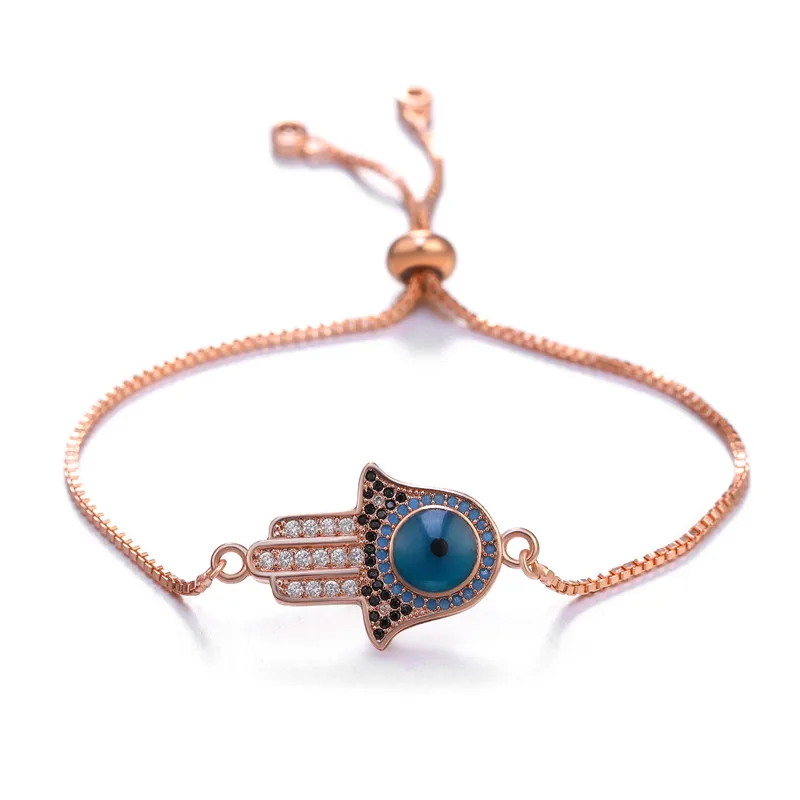 Rose Gold Juya турецкий Хамса Браслеты «Фатима» поставки золото/серебро/розовое золото микро проложить Синий Циркон греческий сглаза браслеты для женщин и мужчин - Окраска металла: Rose Gold