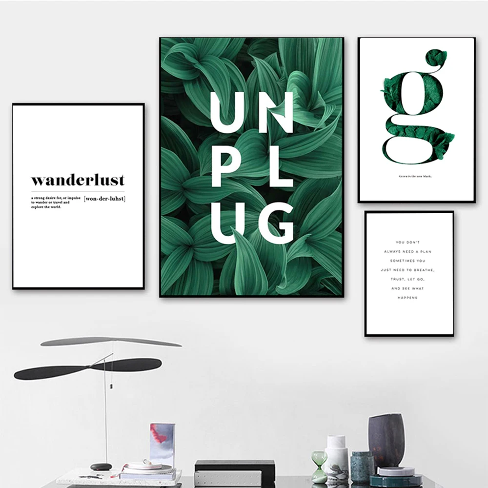 Картины с буквами в простом стиле постер на холсте рисунком зеленых растений