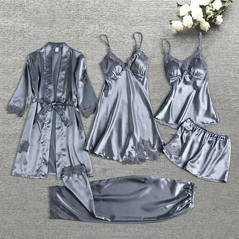 

Sleepwear Female 5/4/2PCS Pajamas Set Satin Pyjamamas Lace Patchwork Bridal Wedding Nightwear Rayon Home Wear Nighty&Robe Suit