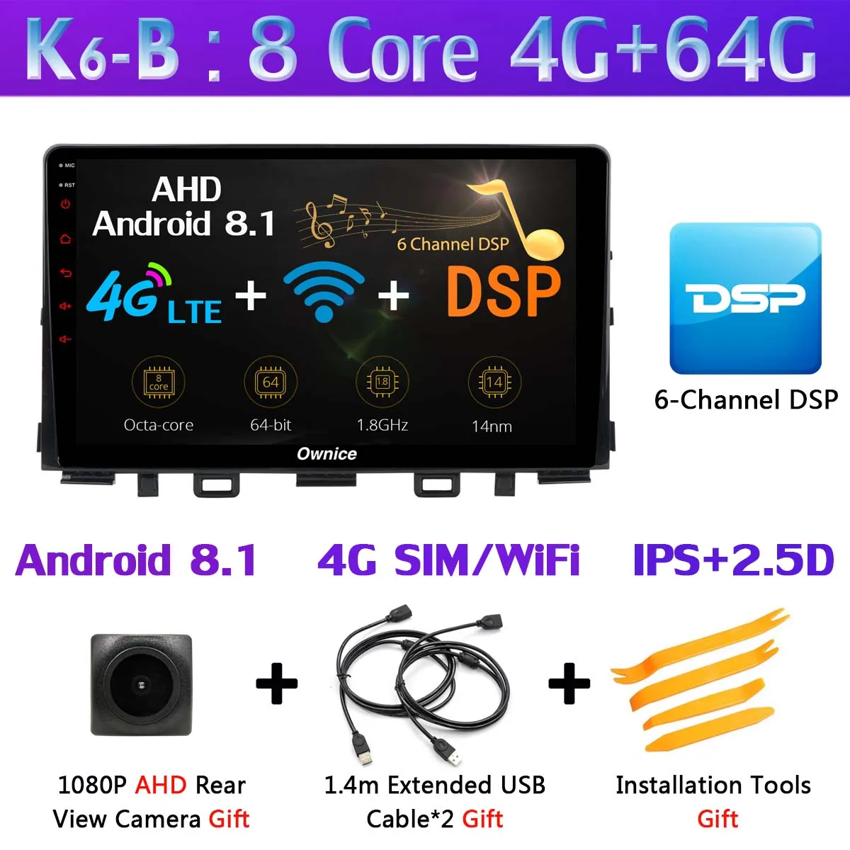 K6-B 1din 360 ° панорамный 4G SIM Wi-Fi Android 9,0 8Core 4G+ 64G DSP CarPlay автомобильный мультимидийный Навигатор Радио плеер для Kia Rio - Цвет: K6-B