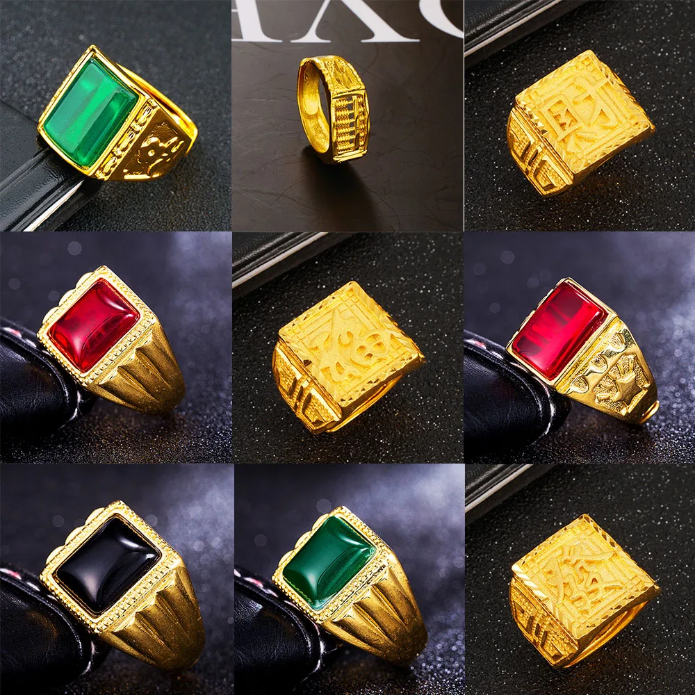 

Punk Rhinestone men's Rings Width Luxurious 24K gold color Signet Square Finger Fashion Tribal women ring Jewelry Accessories
