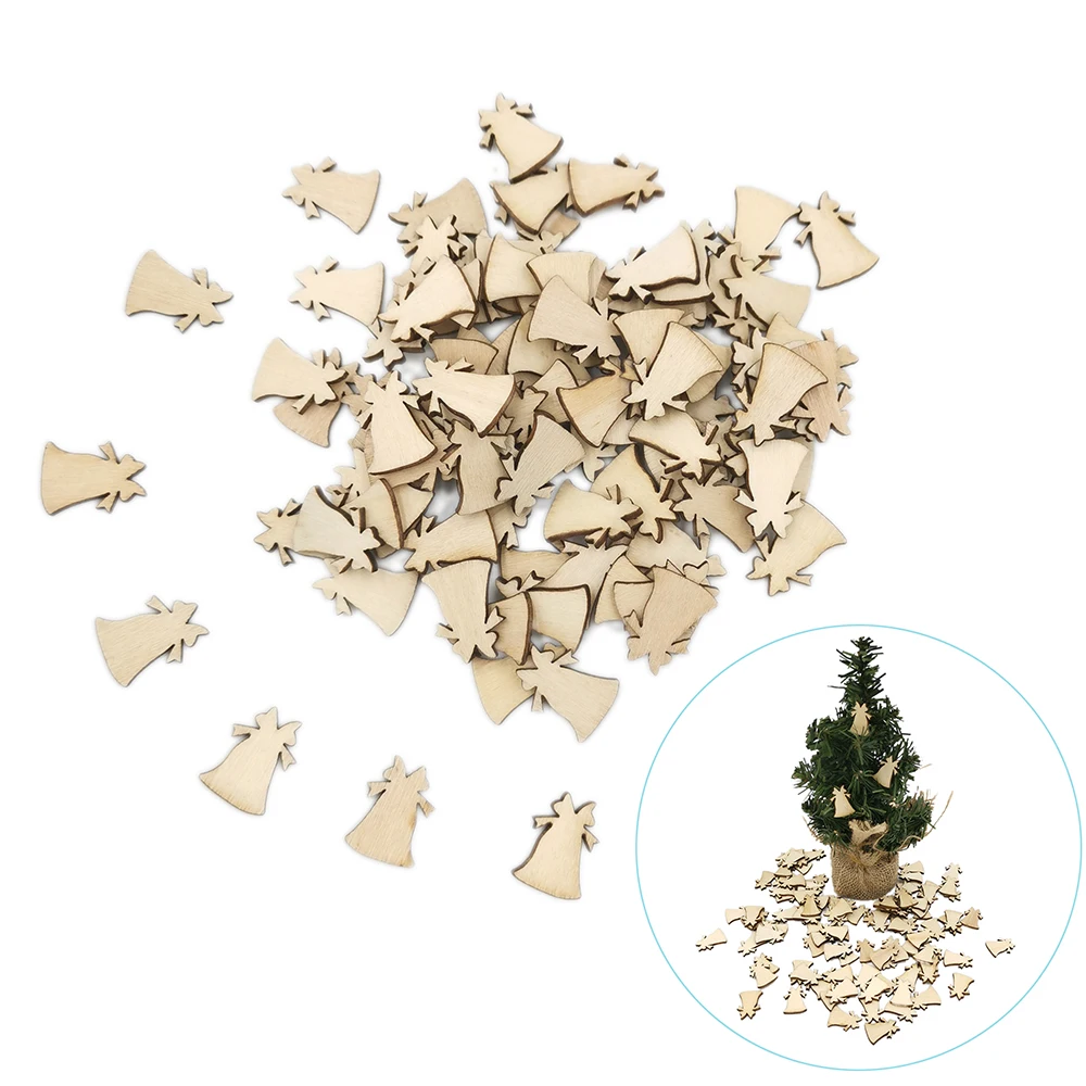 

100pcs Natural Wooden DIY Christmas Tree Hanging Ornaments Pendant Gifts Tree Snow Flakes Bell Shape Xmas Ornaments Decor