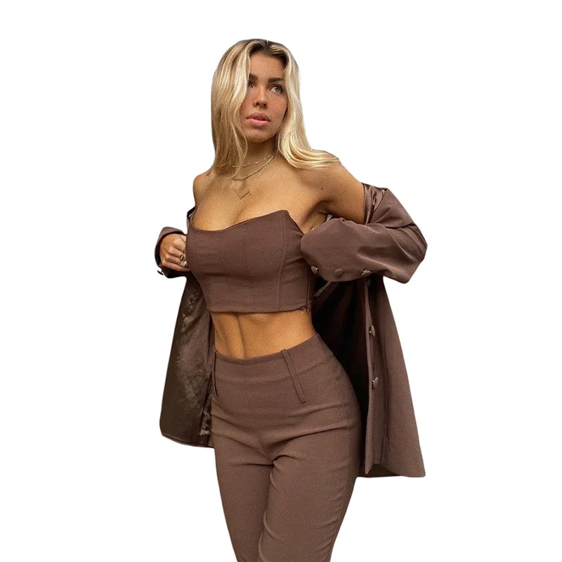 

Coffee Women Summer Pants Suits Solid Color Chest Wrap Off Shoulder Tops Straight Trousers Streetwear Slim Two Pieces Sets 2021