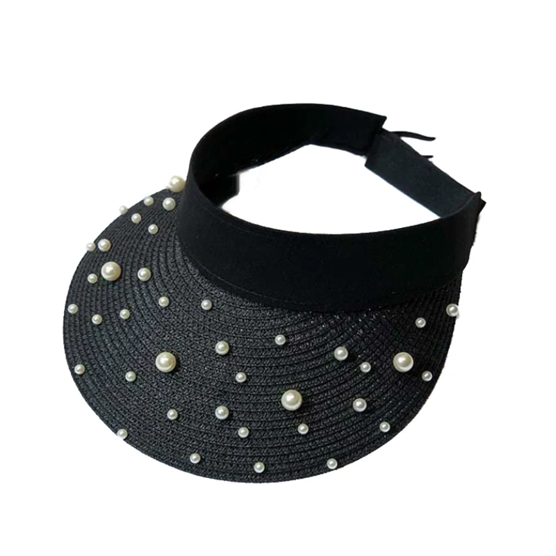 

Summer Women's Fashion Pearl Empty Visors Beach Straw Sun Protection Cap Visor Hats Female Gorros