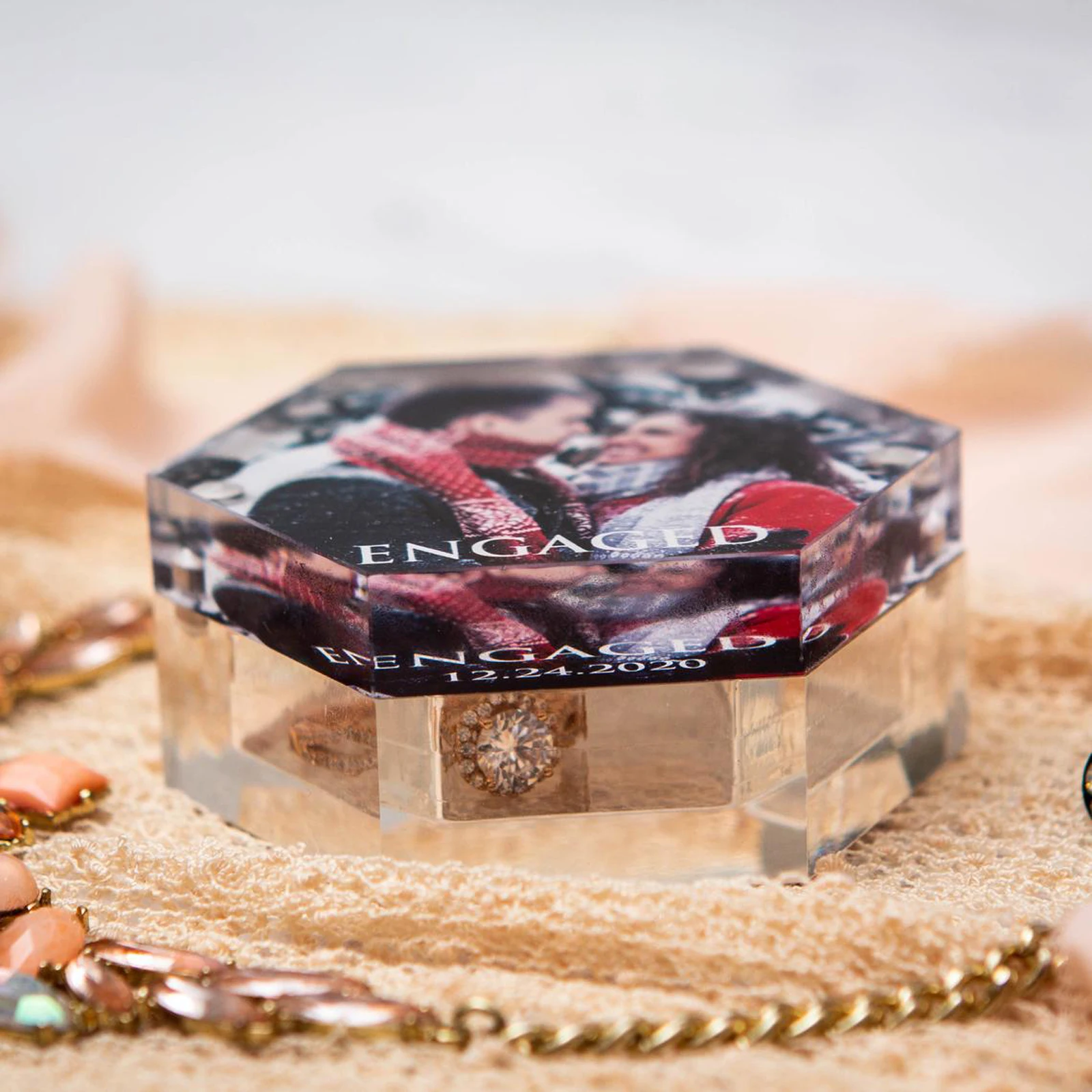 Acrylic Hexagon Box Custom Your Memorial Photo Print Text Engagement Proposal Ring Holder Wedding Rings Bearer Transparent Boxes