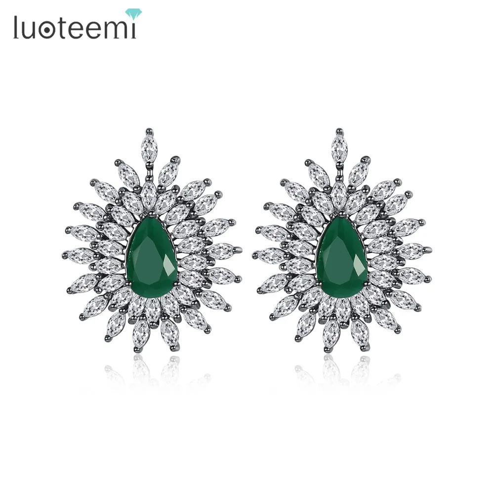 LUOTEEMI, Винтажные серьги-гвоздики для женщин, свадебные, Роскошные, в форме капли, зеленый основной камень, Bangtan, Женские Ювелирные изделия, рождественский подарок