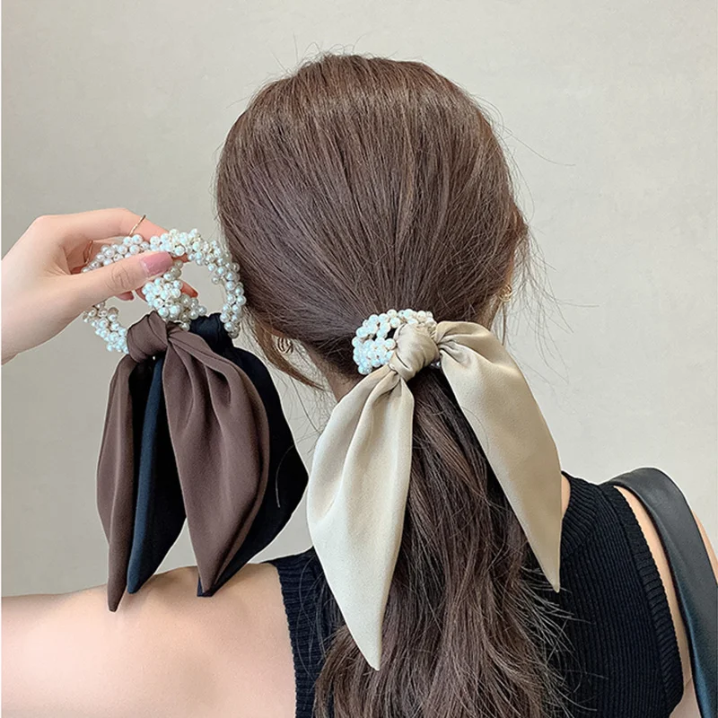 New Fashion elegante perla sciarpa setosa Streamer Scrunchies fascia per capelli elastica corda per