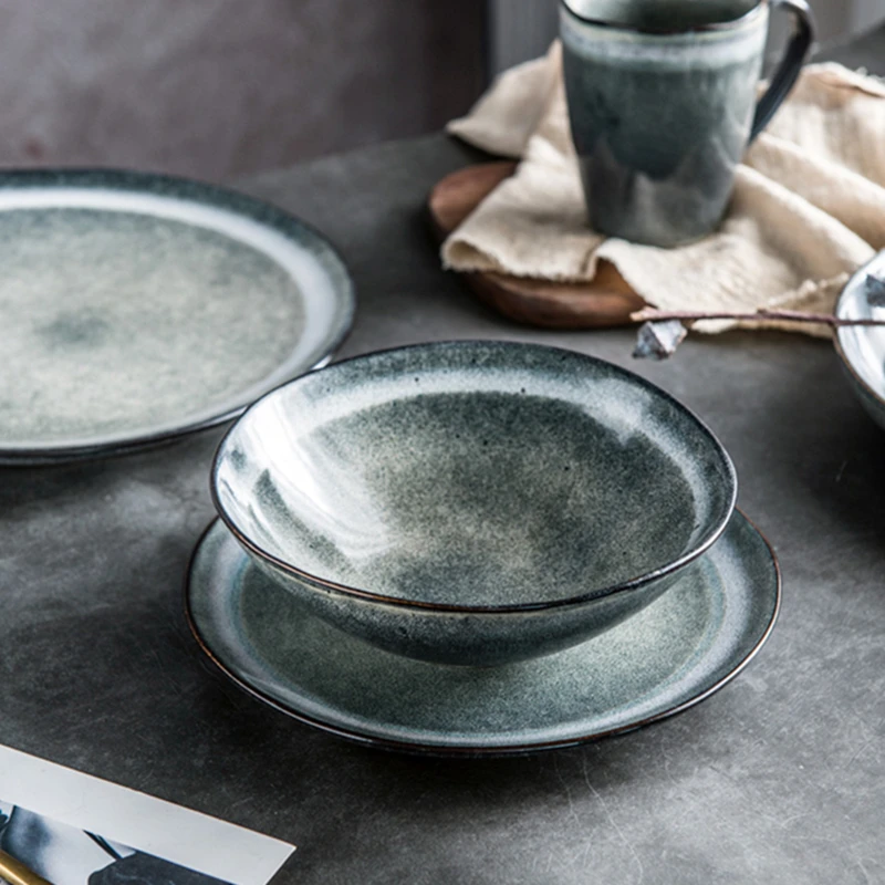 

Creativity Retro Ceramic Tableware Western Steak Large Plate Soup Bowl Salad Bowl Mug European Style Kitchen Household Set
