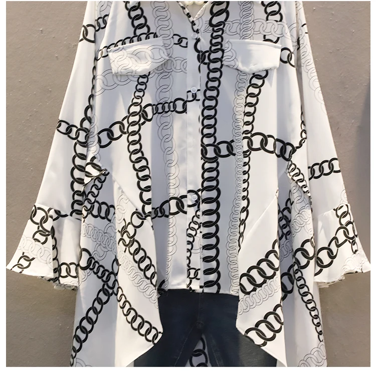 

Vefadisa 2021 Spring New Geometric Print Women Blouse Short Front Back Long Irregular Long Sleeve Blouse White Black QYF4742