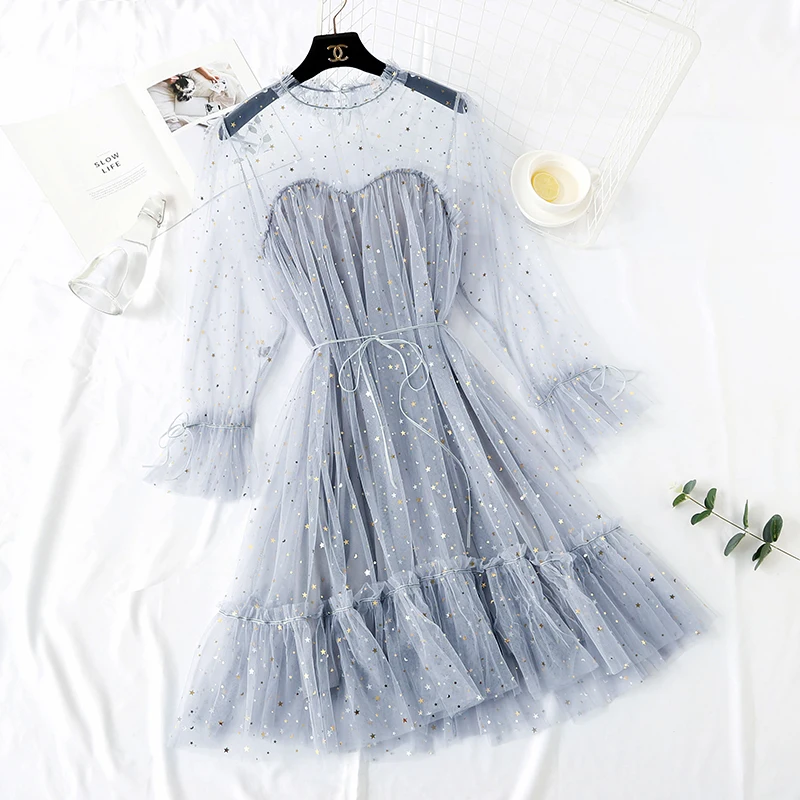 

Spring Autumn New Female O-neck Stars Sequined Mesh Shiny Fairy Dress Women Elegant Bling Gauze Princess Puff Dresses