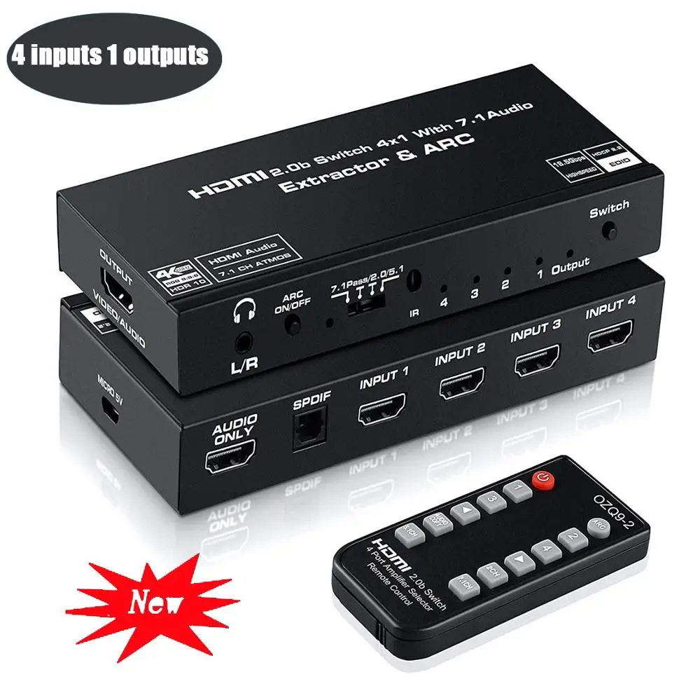 

HDMI 2.0 Switch 4x1 4K60HZ HDCP2.2with Audio Extractor 3.5 jack optical fiber cable ARC splitter+7.1 channel output for HDTV PS4
