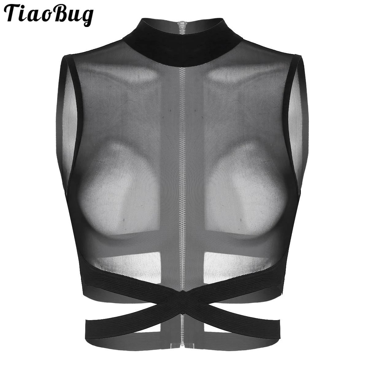 

Женский сетчатый топ без рукавов TiaoBug, черный эластичный укороченный топ на молнии сзади с круглым вырезом и перекрестными лямками, рубашки ...
