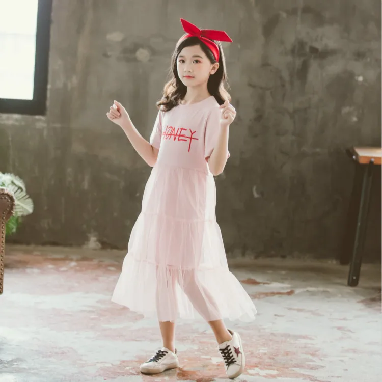 

Платья для девочек-подростков, новинка 2021, Летнее Детское корейское хлопковое платье принцессы, модное Сетчатое платье с надписью для девоч...