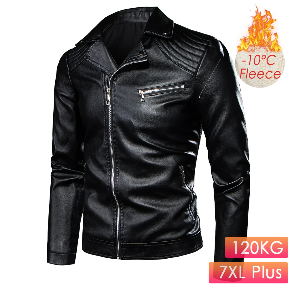 

7XL Plus Men 2020 Winter Motor Biker Vintage Casual Fleece Leather Jacket Coat Men Autumn Design Rivet Pockets Leather Jackets