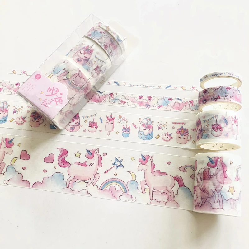 

4 Rolls /Box Pink Princess Unicorn Cloud Washi Paper Decorative Tape Hand Account DIY Label Stickers