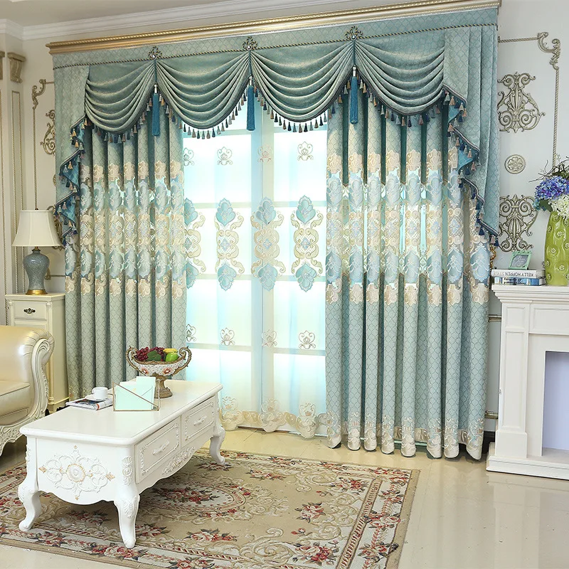 

Blue Stitching Embroidery Curtain Cloth Tulle Luxury Blue Villa Curtain for Living Room Fancy High-End Window Drapes